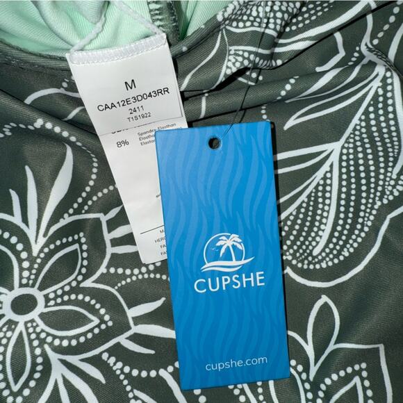 CUPSHE NWT Green & White Floral Print Shirred Cutout One Piece Swim Suit Medium - Picture 7 of 10